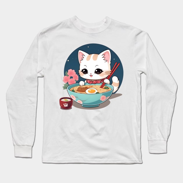 Ramen cat - funny, cute, gift idea, cats, for girls, women, kids, men, boys, christmas, birthday, gift, valentines day, mom, dad, japan, japanese culture, anime, manga, chibi, kawaii, japanese food lover, noodles, ramen, sushi, lover, kitty, cat lady, Long Sleeve T-Shirt by Fanboy04